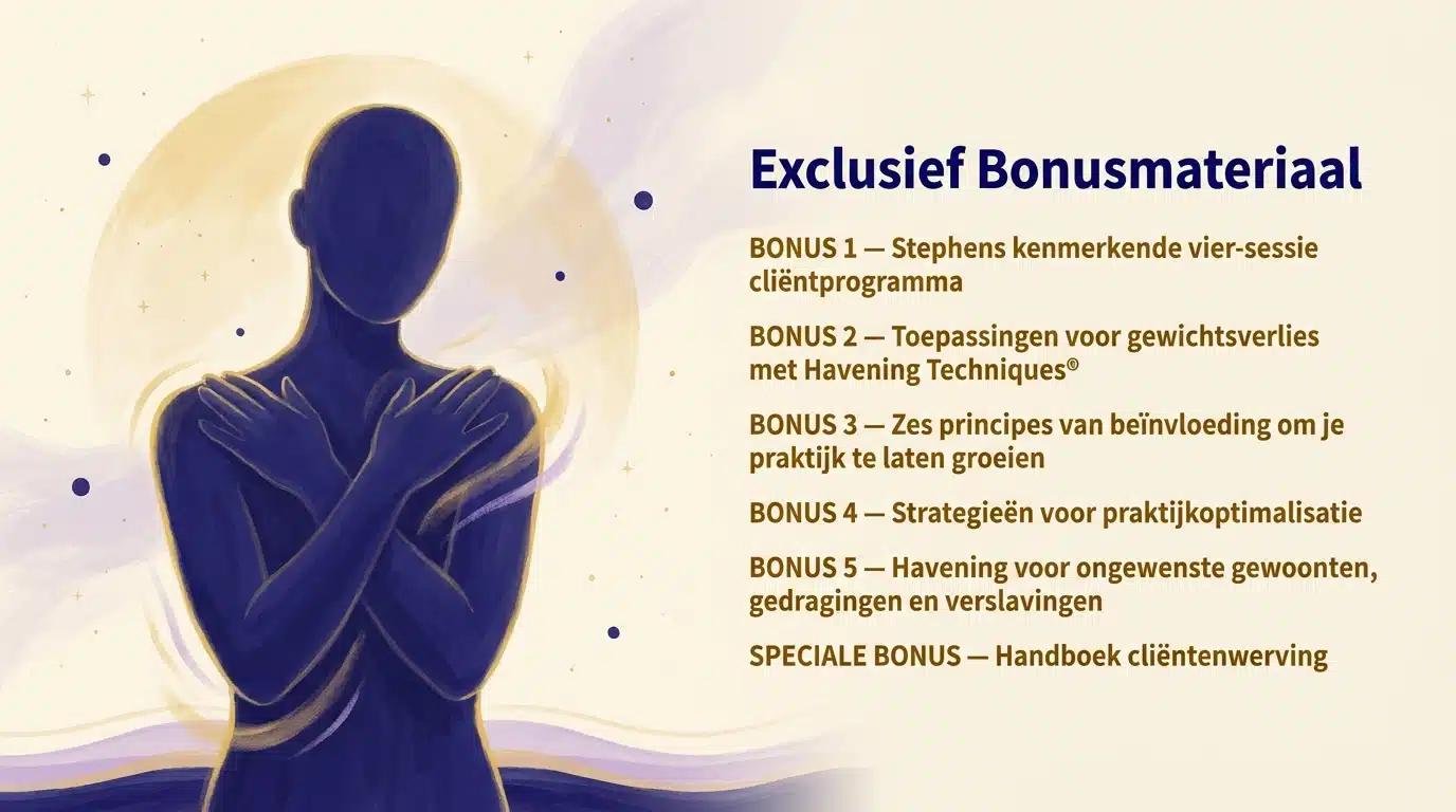 Sereen gouache-silhouet in diep indigo van een persoon die de kalmerende Havening-techniek toepast met gekruiste armen en handen op de schouders, tegen een warme crèmekleurige achtergrond met zachte goud- en lavendelaccenten en een gloedvolle hemelboog. Rechts in beeld de titel "Exclusief Bonusmateriaal" met een overzicht van de bonussen bij de Havening Techniques Practitioner opleiding