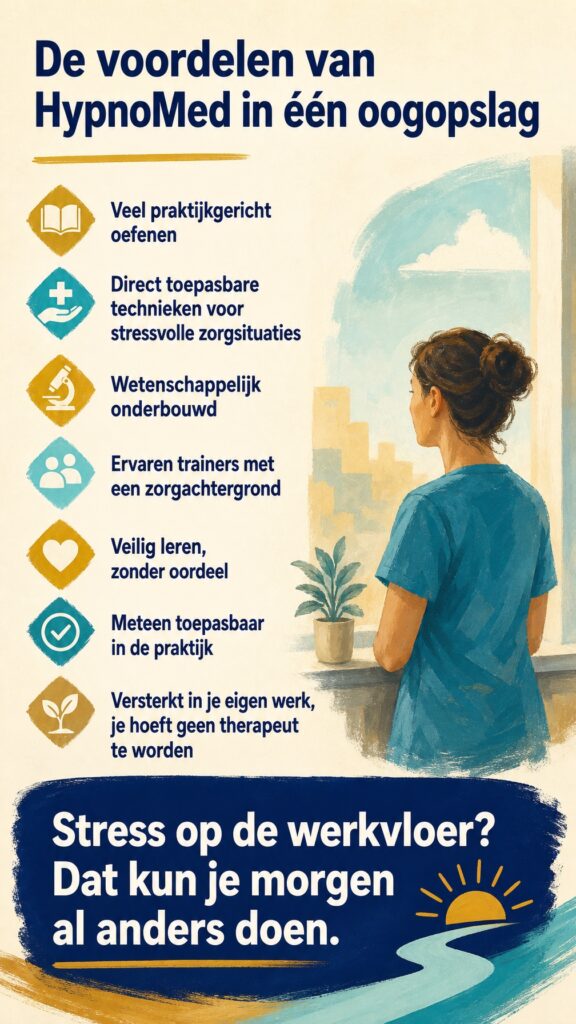 De voordelen van HypnoMed in één oogopslag" en zeven voordelen van de medische hypnose-opleiding: praktijkgericht oefenen, direct toepasbare technieken voor stressvolle zorgsituaties, wetenschappelijk onderbouwd, ervaren trainers met zorgachtergrond, veilig leren zonder oordeel, meteen toepasbaar in de praktijk, en versterkt worden in je eigen werk zonder therapeut te hoeven worden. Onderaan de tekst "Stress op de werkvloer? Dat kun je morgen al anders doen"