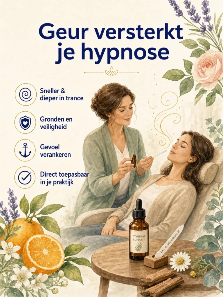 Illustratie: geurpsychologie in hypnose — therapeut, cliënt en etherische oliën die de hypnose ondersteunen