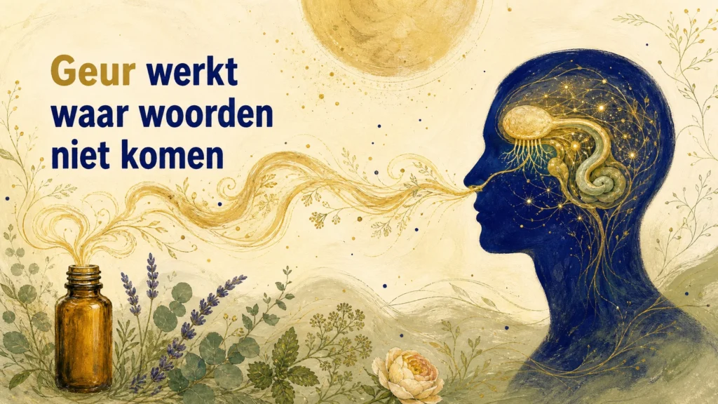 Gouache-illustratie in aardetinten en goud: een blauw zijprofiel van een hoofd waarin een gouden geurspiraal opstijgt uit een amberkleurig druppelflesje, via de neus naar het limbisch systeem, omringd door lavendel, eucalyptus en een roos — geurpsychologie in hypnose. Tekst op de afbeelding: Geur werkt waar woorden niet komen.