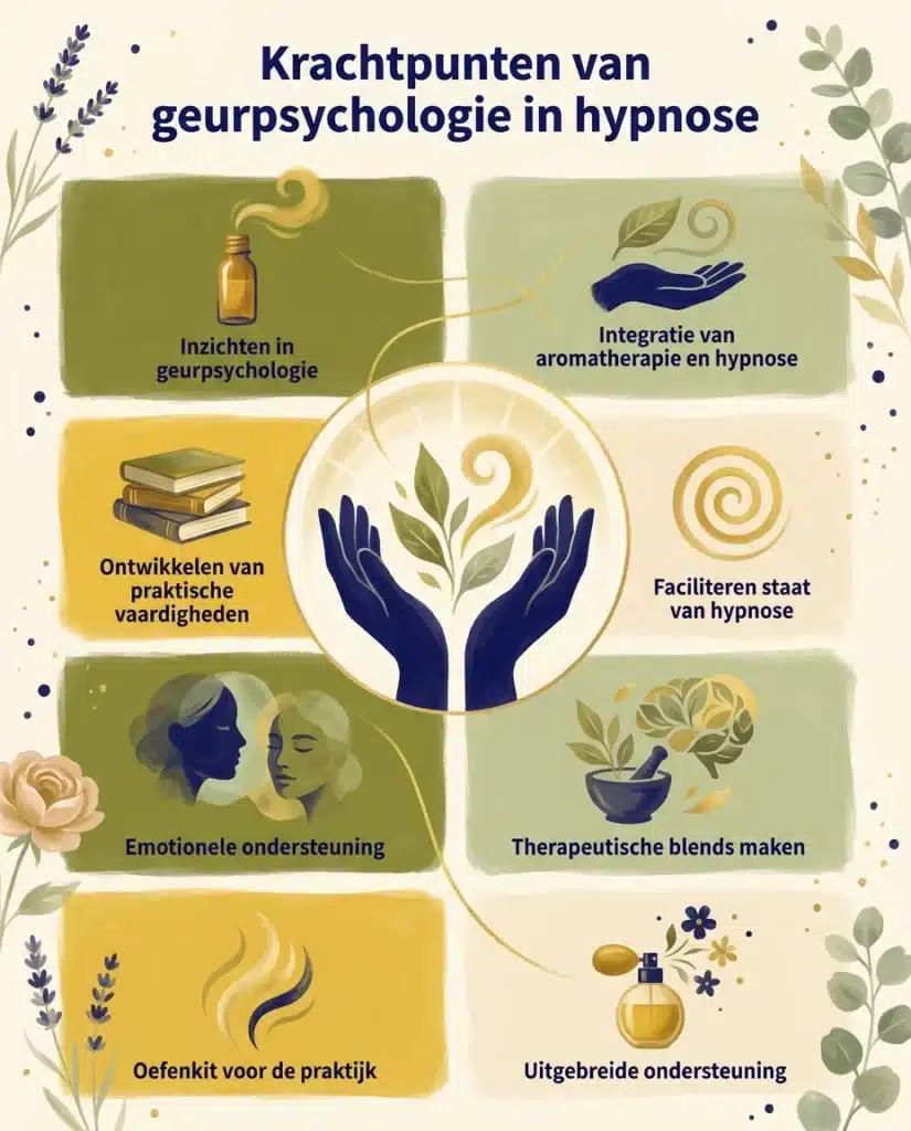 Verticale infographic in matte gouache-stijl (huisstijl HypnoseMentor / aromatherapie) met de titel "Krachtpunten van geurpsychologie in hypnose". In het midden houden twee indigokleurige handen een opkomend blaadje en een gouden geurkrul vast, omringd door een zachte gouden halo. Daaromheen acht geïllustreerde vlakken met icoon en tekst: Inzichten in geurpsychologie (druppelflesje), Integratie van aromatherapie en hypnose (hand met blad en spiraal), Ontwikkelen van praktische vaardigheden (stapel boeken), Faciliteren staat van hypnose (gouden spiraal), Emotionele ondersteuning (twee gezichten), Therapeutische blends maken (vijzel met kruiden), Oefenkit voor de praktijk (opstijgende geurlijnen) en Uitgebreide ondersteuning (parfumflesje met bloemen). Decoratieve lavendel, eucalyptus en een roos in de hoeken.