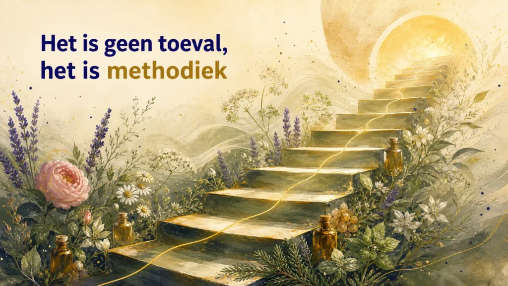 Sfeervolle gouache-illustratie van de AHA-methodiek: een trap stijgt op van een donkere, dichte onderkant naar een lichte, gouden celestiale gloed bovenaan, terwijl een fijne gouden draad alle traptreden met elkaar verbindt. Rondom bloeien lavendel, roos, kamille en andere kruiden met kleine amberkleurige flesjes, zonder koppeling aan een doel. Het beeld verbeeldt de kracht en structuur van geurpsychologie in hypnose. In beeld staat de titel "Het is geen toeval, het is methodiek".