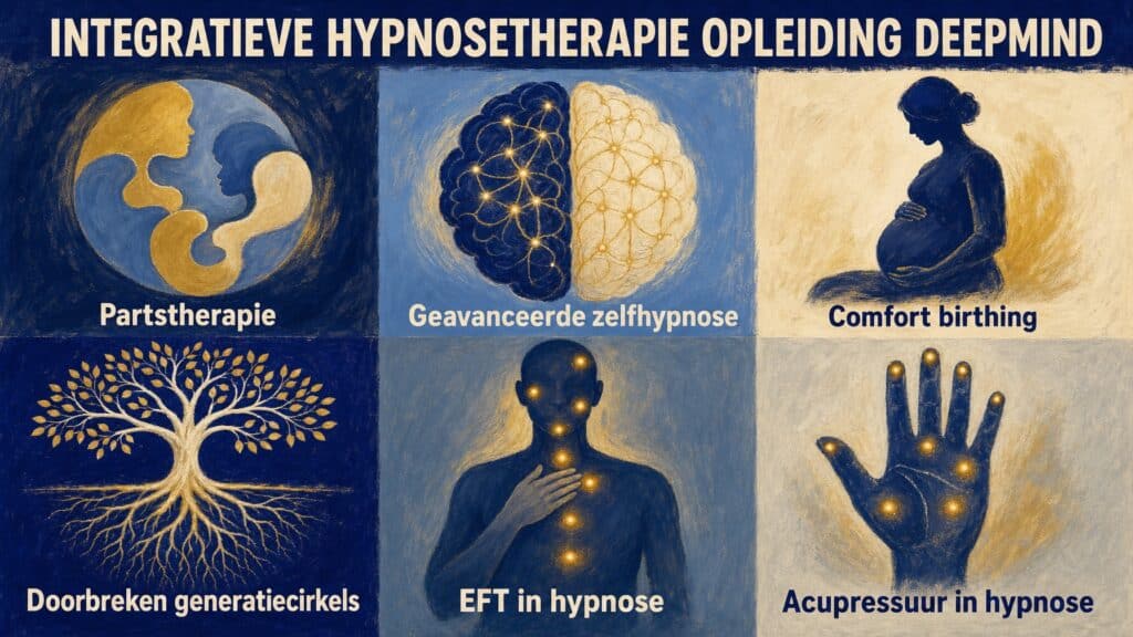 Illustratie in HypnoseMentor-huisstijl (matte gouache, blauw-goud) met een raster van zes vlakken die de onderdelen van de opleiding Integratieve Hypnosetherapie DeepMind tonen: in elkaar grijpende delen (partstherapie), een tweekleurig brein (geavanceerde zelfhypnose), een zittend silhouet van een zwangere vrouw (comfort birthing), een levensboom met wortels (doorbreken generatiecirkels), een figuur dat op het sleutelbeen tikt (EFT in hypnose) en een hand met drukpunten (acupressuur in hypnose).