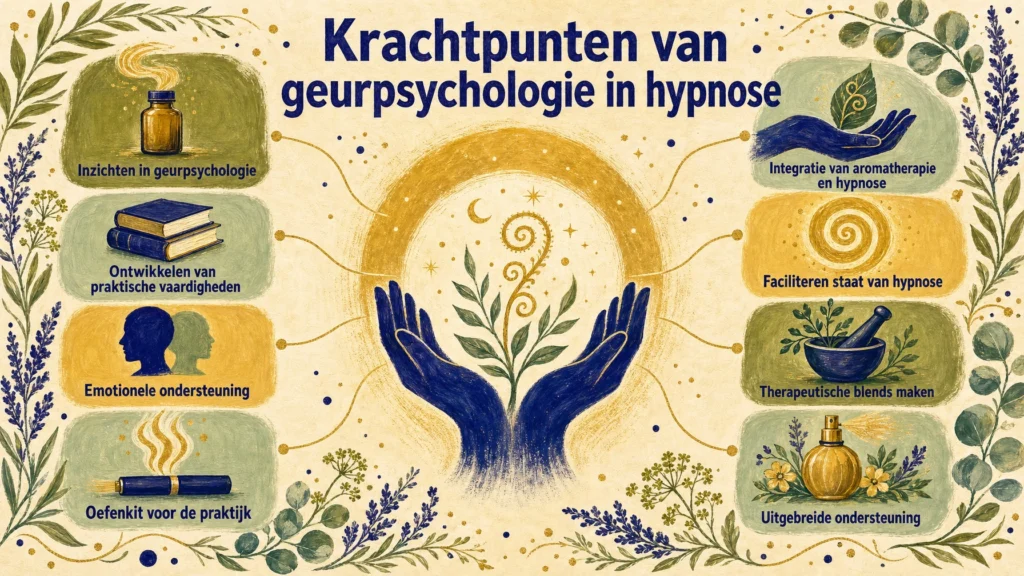 Infographic in matte gouache-stijl (huisstijl HypnoseMentor / aromatherapie) met de titel "Krachtpunten van geurpsychologie in hypnose". In het midden houden twee indigokleurige handen een opkomend blaadje en een gouden geurkrul vast, omringd door een zachte gouden halo. Daaromheen acht geïllustreerde vlakken met icoon en tekst: Inzichten in geurpsychologie (druppelflesje), Integratie van aromatherapie en hypnose (hand met blad en spiraal), Ontwikkelen van praktische vaardigheden (stapel boeken), Faciliteren staat van hypnose (gouden spiraal), Emotionele ondersteuning (twee gezichten), Therapeutische blends maken (vijzel met kruiden), Oefenkit voor de praktijk (opstijgende geurlijnen) en Uitgebreide ondersteuning (parfumflesje met bloemen). Decoratieve lavendel, eucalyptus en een roos in de hoeken.