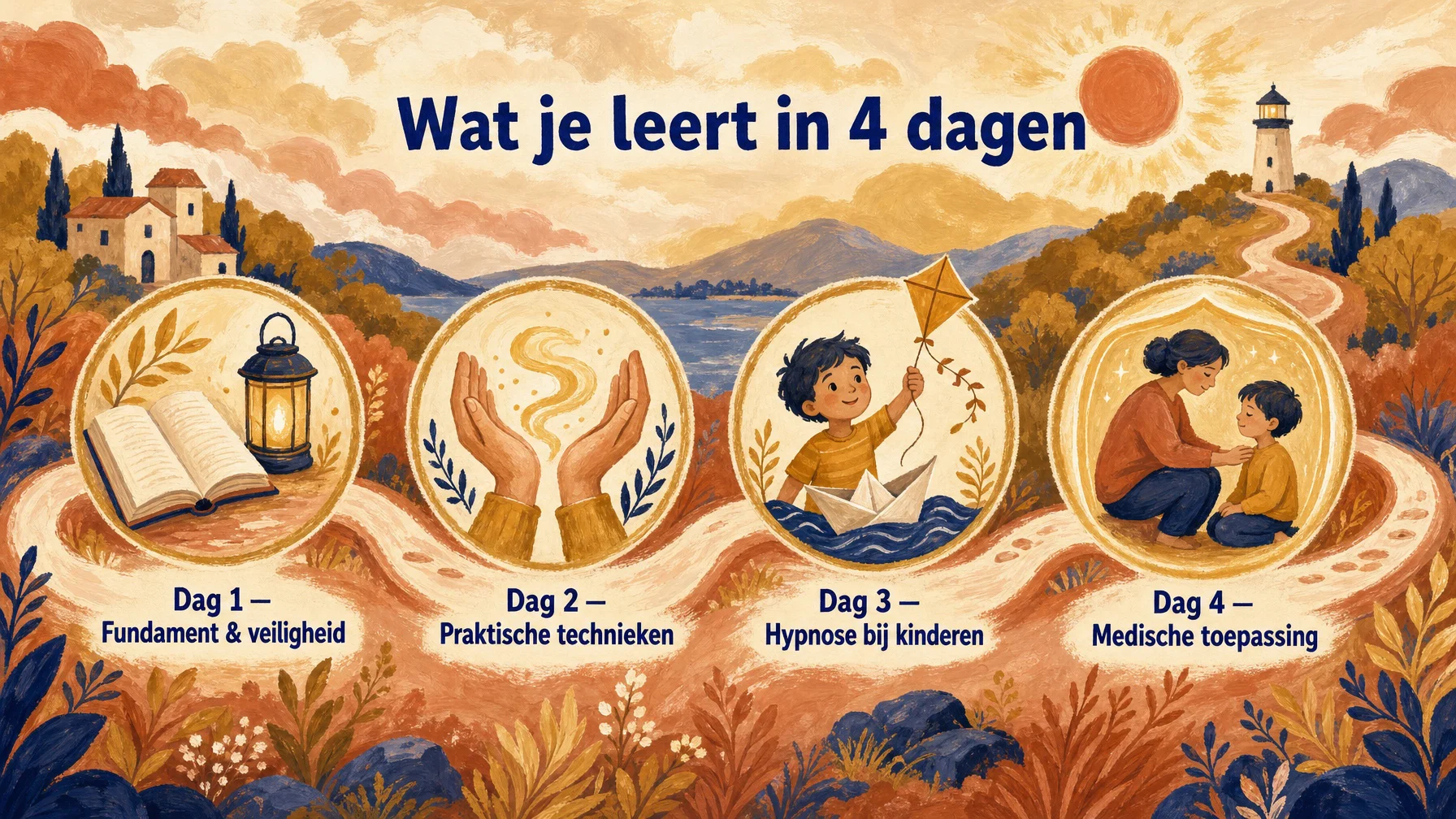 Infographic in warme gouache-stijl die het leertraject van de opleiding Medische hypnose kinderen toont in vier dagen: fundament en veiligheid, praktische technieken, hypnose bij kinderen en medische toepassing.