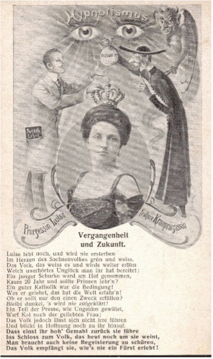 Zwart-wit prentbriefkaart met ‘Hypnotismus’ en twee grote ogen bovenaan; portret van prinses Luise in het midden, met figuren ernaast en een gedicht/tekst onder de illustratie.