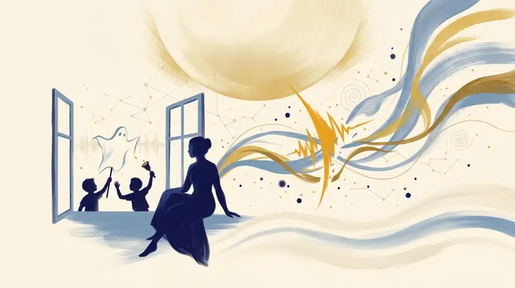 An abstract, atmospheric illustration in blue, gold and cream of a woman at an open window. Outside, two boys jokingly hold up a sheet and ring a bell. A golden sound wave abruptly breaks the flowing ribbons around the woman's head, symbolizing the effect of a sudden pattern breaking or terror hypnosis.