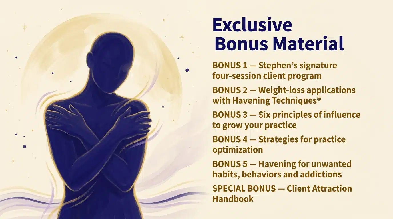 Serene deep-indigo gouache silhouette of a person performing the calming Havening technique with arms crossed and hands resting on the shoulders, set against a warm cream background with soft gold and lavender accents and a glowing celestial arc. On the right, the title "Exclusive Bonus Material" lists the bonuses included with the Havening Techniques Practitioner training.