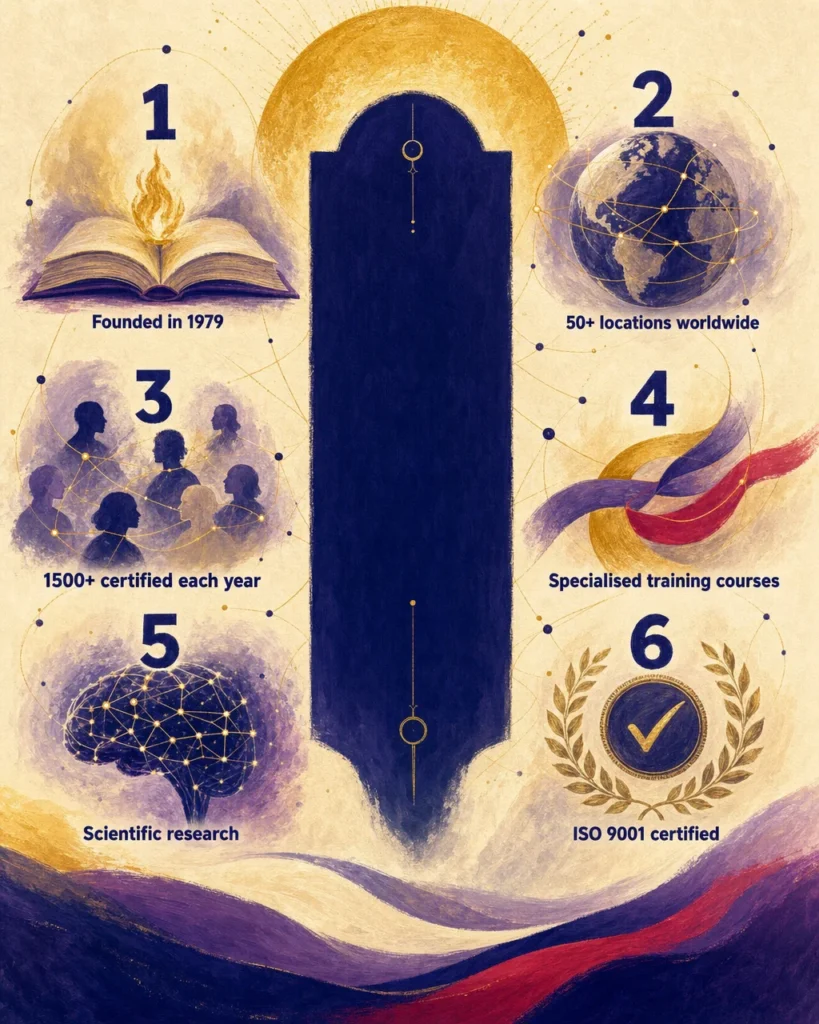 OMNI Hypnosis Training Center infographic: world leader in hypnosis, founded in 1979, with 50+ locations across 20+ countries, 1500+ therapists certified each year, specialised training courses, scientific research and ISO 9001 certification.