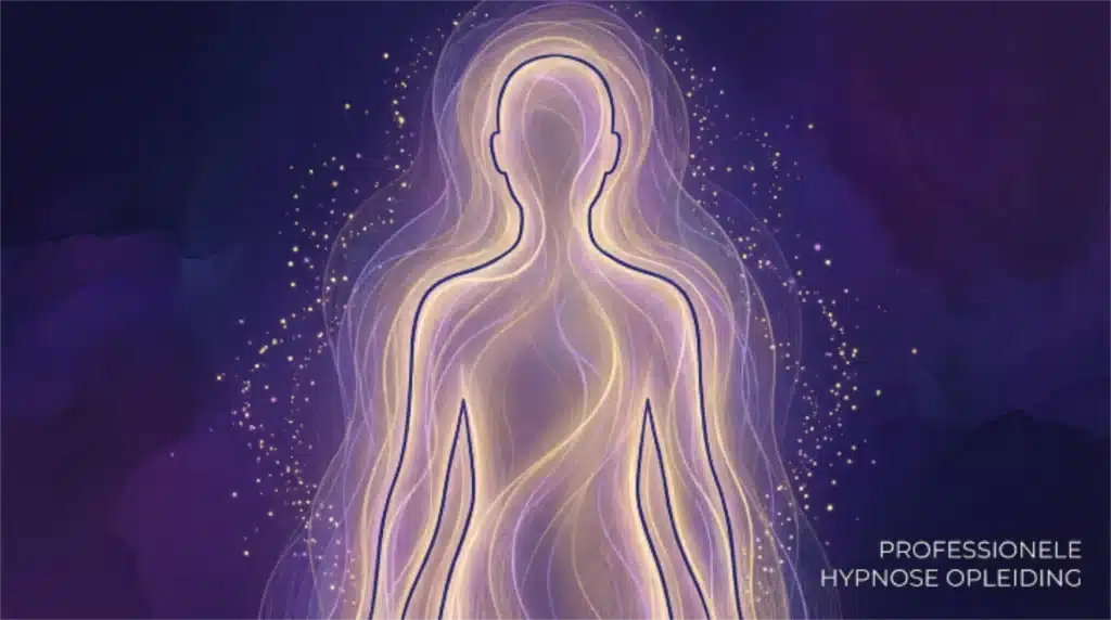 Abstract etherisch lichaam van lichtlijnen en energiestromen op een indigo-paarse achtergrond, met subtiele goudaccenten die een gevoel van verhoogd bewustzijn en verfijnde energie suggereren." Ultra Height