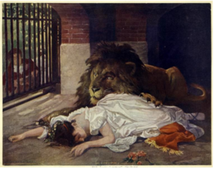 Schilderij van Gabriel von Max: Vrouw in hypnose in leeuwenkooi