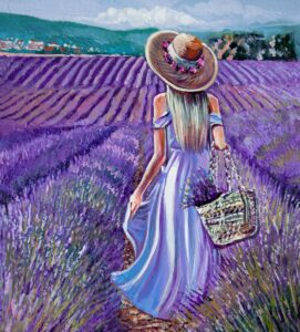 Schilderij vrouw in lavendel veld