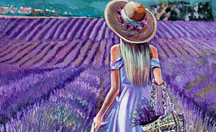 schilderij vrouw in lavendel
