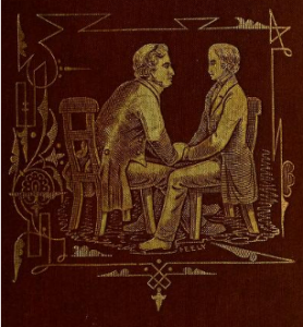 Twee mannen in tekening zitten knieën tegen elkaar aan