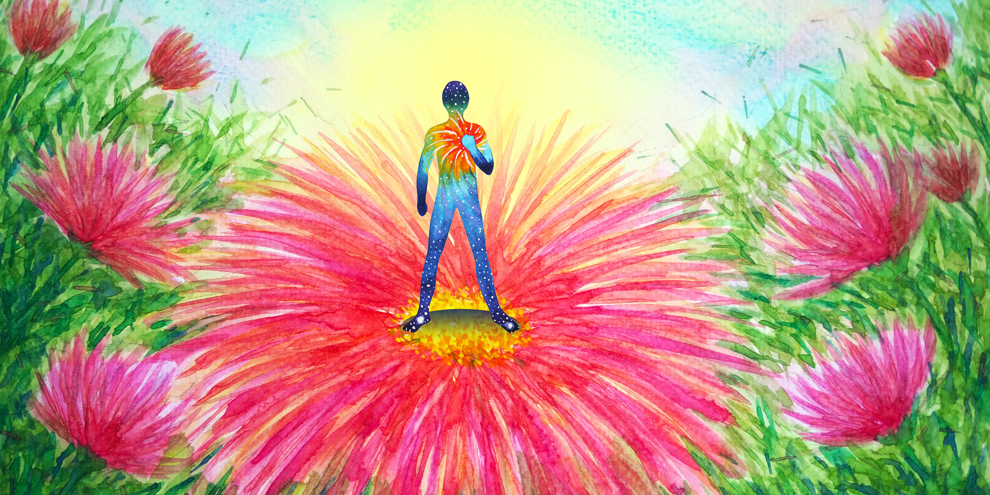 Visual van bloemen met staande persoon in chakra kleuren