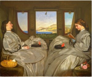 Oude prent met vrouwen lezend in de trein