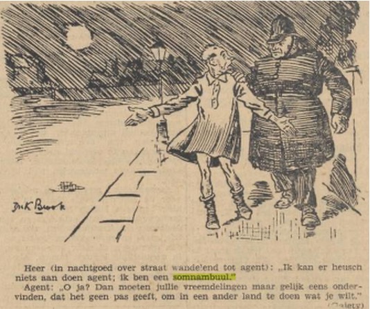 A cartoon featuring a cop apprehending a sleepwalker