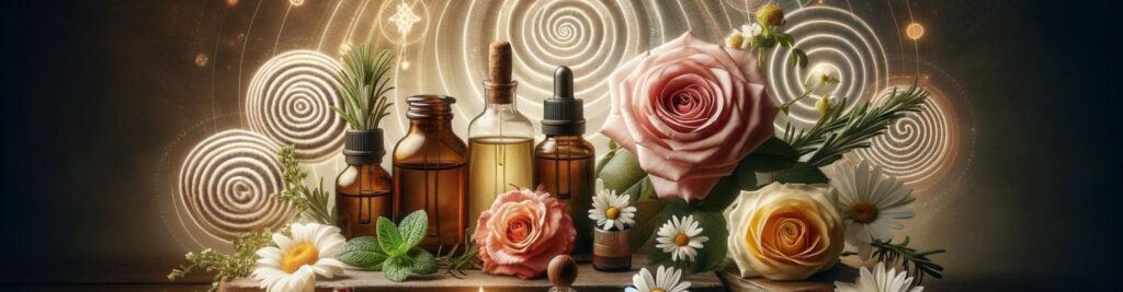 Visual van aromatherapie hypnose opleiding met rozen en andere bloemen en hypnose symbolen