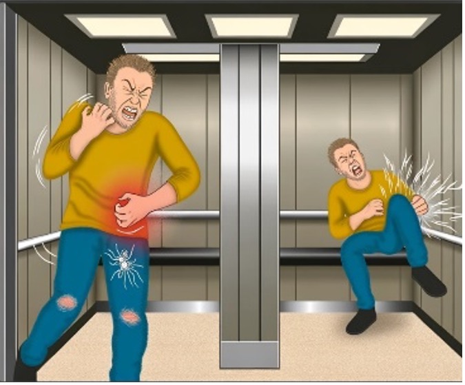 Twee mensen in de lift met jeuk