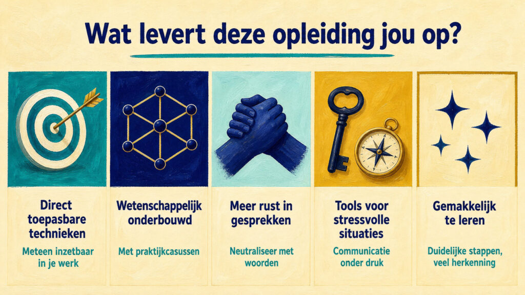 infographic met vijf voordelen van de medische communicatie opleiding MindTalk®: direct toepasbare technieken, wetenschappelijk onderbouwd, meer rust in gesprekken, tools voor stressvolle situaties en gemakkelijk te leren.
