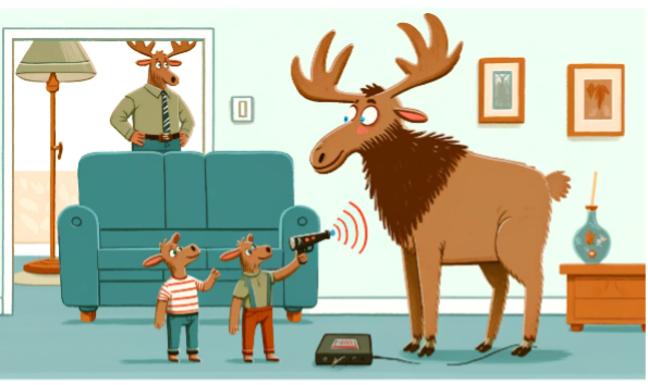 Cartoon met Hert waarop pistool is gericht door kinderen