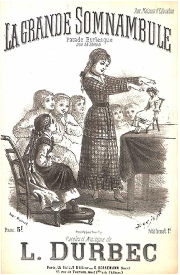 Poster about hypnosis showing a woman hypnotizing a doll