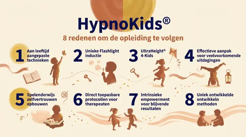 Infographic met 8 redenen om de HypnoKids® opleiding hypnose bij kinderen te volgen: aan leeftijd aangepaste technieken, unieke Flashlight-inductie, UltraHeight® 4-Kids, effectieve aanpak voor veelvoorkomende uitdagingen, spelenderwijs zelfvertrouwen opbouwen, direct toepasbare protocollen voor therapeuten, intrinsieke empowerment en uniek ontwikkelde methoden.