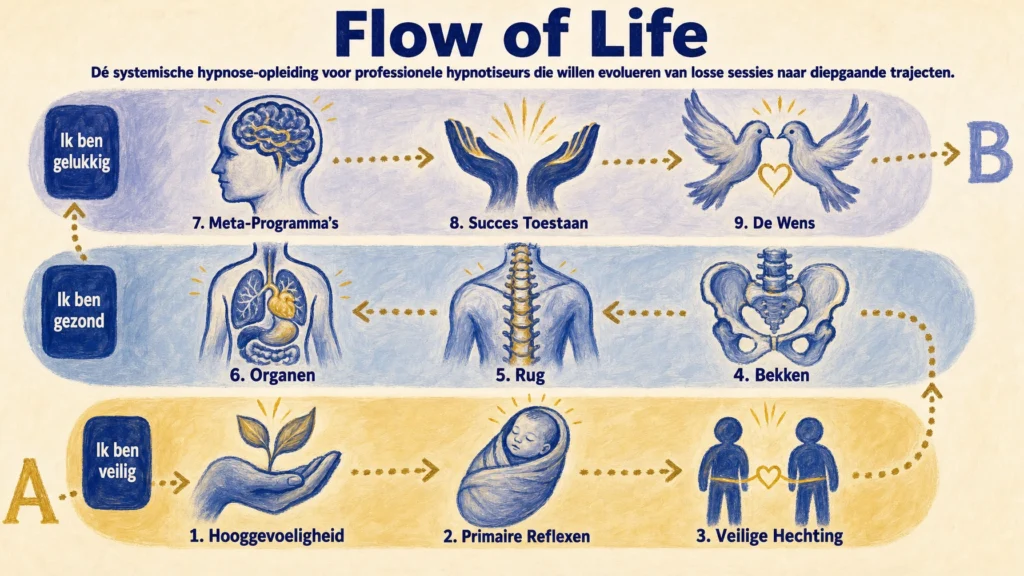 Flow of Life infographic van de systemische hypnose-opleiding: een route in negen stappen die opklimt van 'Ik ben veilig' via 'Ik ben gezond' naar 'Ik ben gelukkig'.