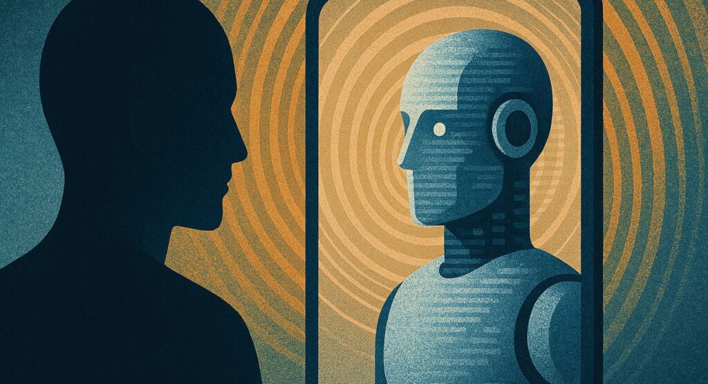 Abstracte illustratie van mens vs. machine met hypnotische spiralen, symboliserend het Eliza-effect en AI-manipulatie