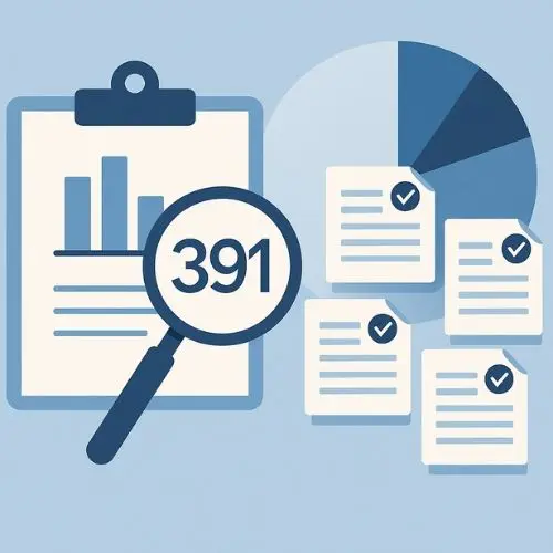 Illustratie in zachte blauwtinten met een gestileerde weergave van wetenschappelijk onderzoek. Op de voorgrond ligt een clipboard met grafieken en een vergrootglas dat naar een getal wijst, symbool voor het analyseren van grote hoeveelheden data. Daarnaast liggen meerdere onderzoeksdocumenten en een cirkeldiagram die meta-analyses voorstellen. De sfeer is professioneel, helder en rustig, passend bij een evidence-based context.