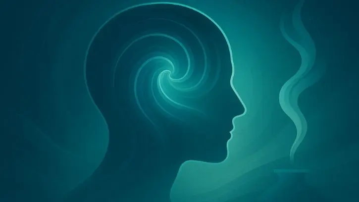 Abstracte silhouet van een hoofd met zachte blauwgroene spiralen die innerlijke rust en adem symboliseren – visuele metafoor voor Stoptober hypnose en het loslaten van rookgedrag.