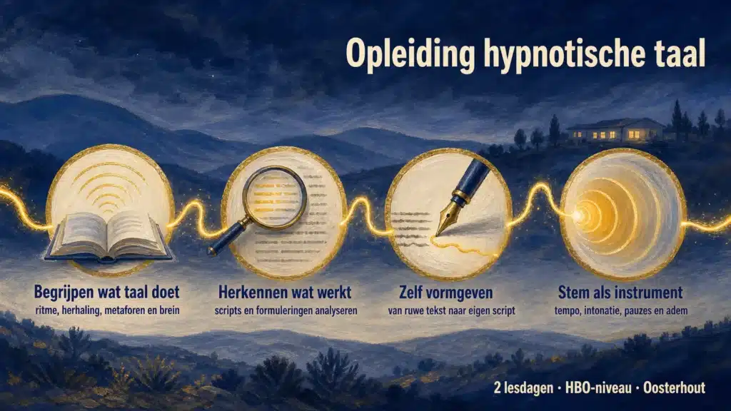 Infographic van de opleiding hypnotische taal met vier stappen: begrijpen wat taal doet, herkennen wat werkt, zelf vormgeven en stem als instrument 2 lesdagen, HBO-niveau.