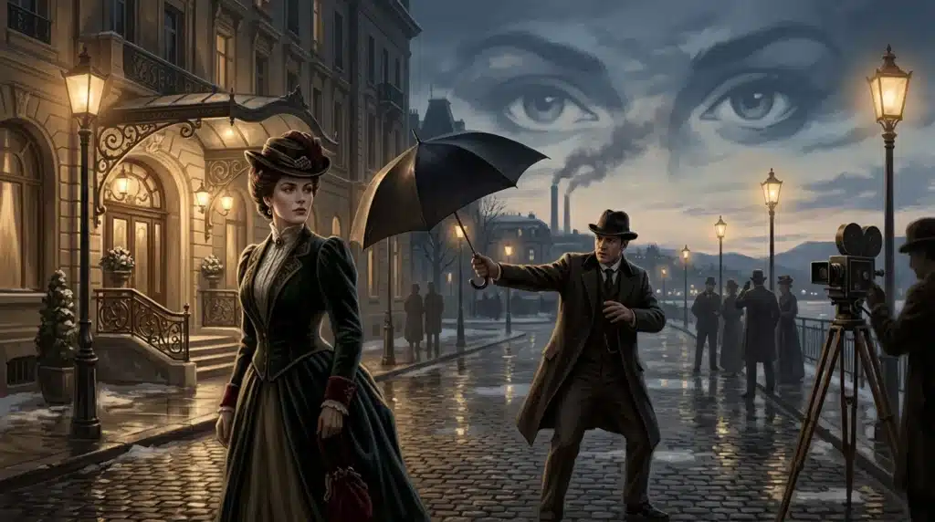 Illustratie in Edwardiaanse sfeer: een adellijke vrouw loopt weg bij een chic hotel, terwijl een man met paraplu een camera afschermt; schaduwen van pers en starende ogen suggereren beïnvloeding — Hypnose of koninklijke waanzin.