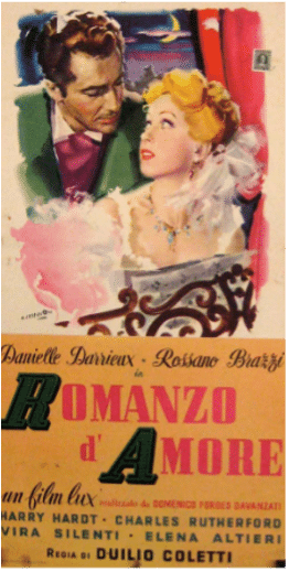 Vintage Italiaanse filmposter ‘Romanzo d’amore’: geschilderde man en vrouw kijken elkaar aan in een romantische scène; onderaan grote titelletters in groen en rood.