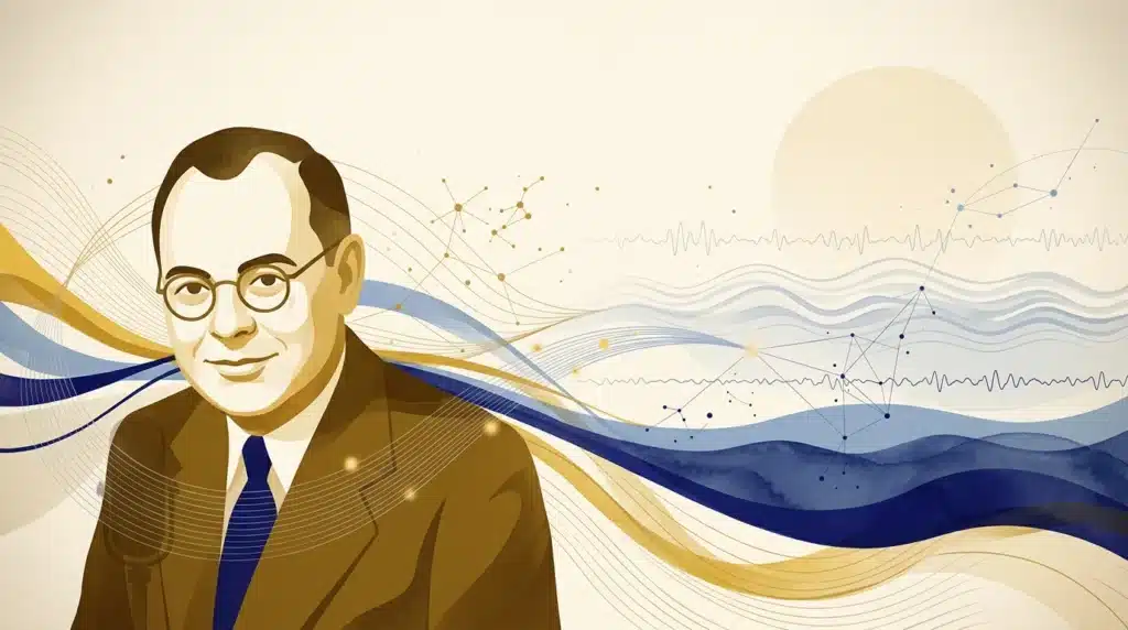 Editorial illustratie van Dave Elman hypnoanalyse: silhouet van Dave Elman links, met goud-blauwe linten en twee hypnotische staten rechts.