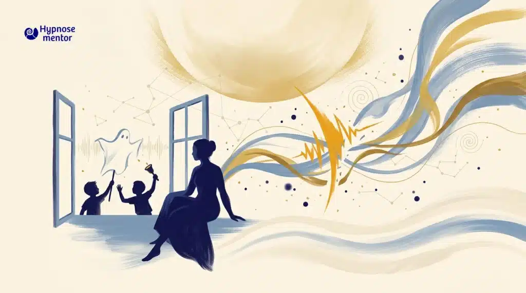 Een abstracte, sfeervolle illustratie in blauw, goud en crème van een vrouw bij een open raam. Buiten houden twee jongens voor de grap een laken omhoog en luiden een bel. Een gouden geluidsgolf doorbreekt abrupt de vloeiende linten rond het hoofd van de vrouw, wat het effect van een plotselinge patroonbreuk of schrikhypnose symboliseert.