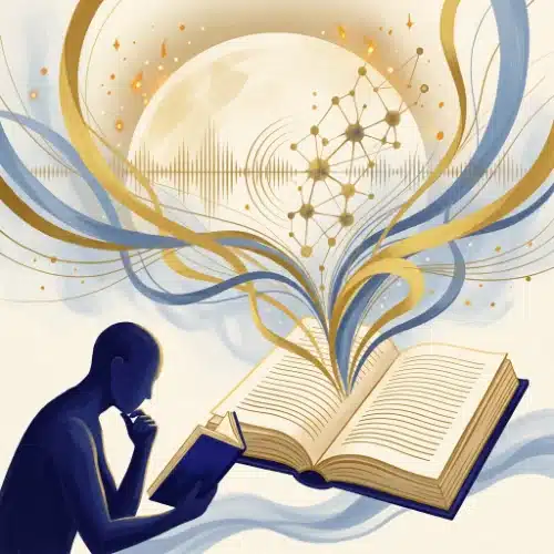 Illustratie bijscholing therapeuten: een open boek waaruit gouden linten en lichtdeeltjes opbloeien, symbool voor verdiepende kennis, in de gouache-huisstijl van HypnoseMentor in crème, goud en indigoblauw.