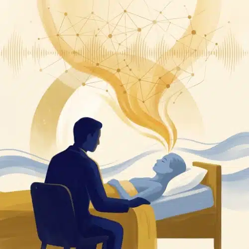 Illustratie medische hypnose: een rustend figuur in een therapeutische stoel met opstijgend gouden licht en een netwerk van neurale verbindingen, in de gouache-huisstijl van HypnoseMentor in crème, goud en indigoblauw.