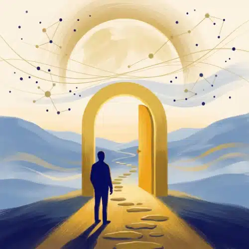 Illustratie oriëntatieweek hypnose: een figuur bij een lichtgevende poort met een pad naar een weids landschap, in de matte gouache-huisstijl van HypnoseMentor in crème, goud en indigoblauw.