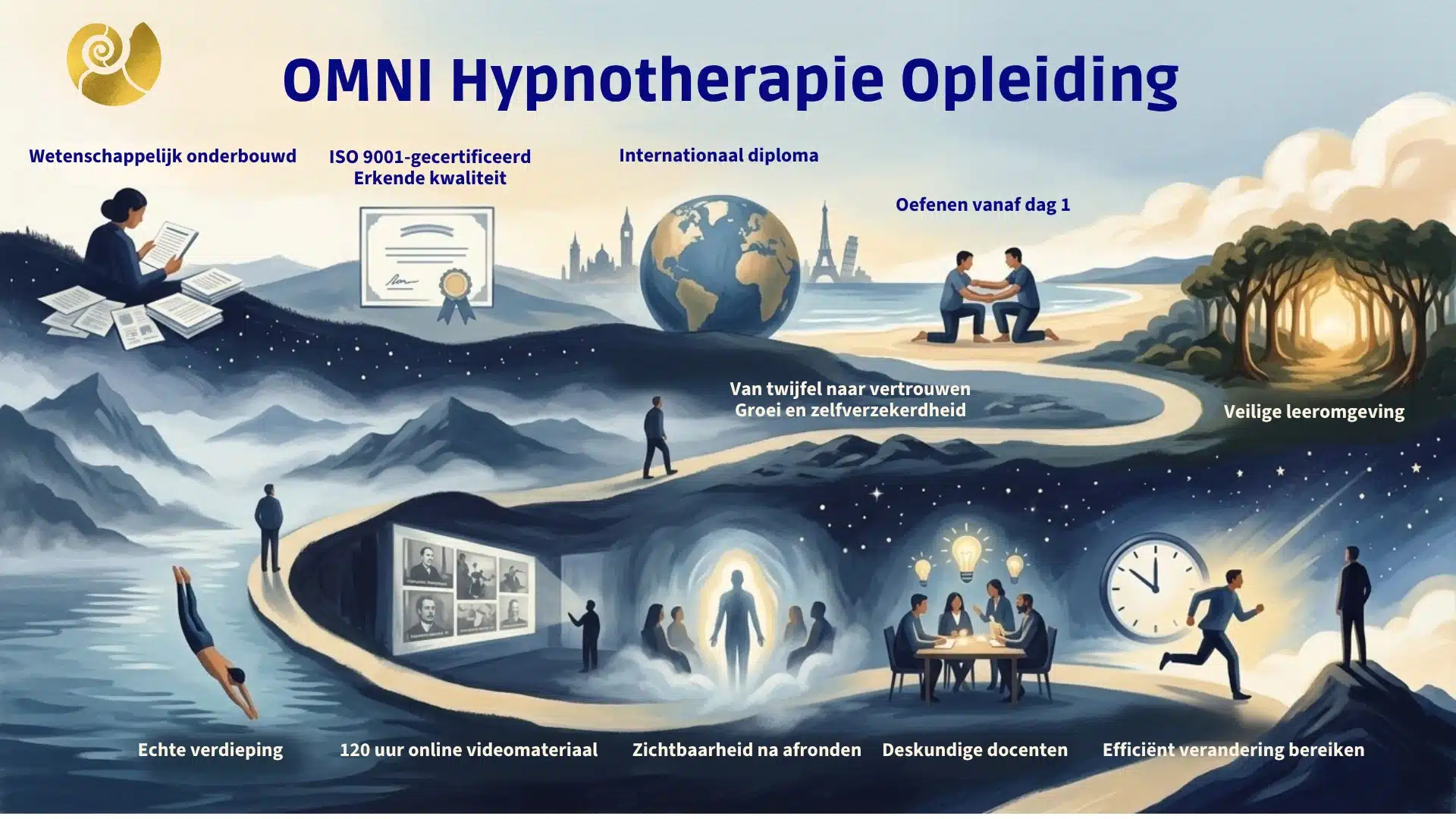 Infographic van de OMNI hypnotherapie opleiding: een visuele reis langs voordelen zoals wetenschappelijke onderbouwing, veel praktijkoefening, ISO 9001-certificering en een internationaal erkend diploma.