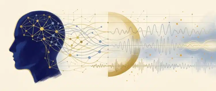 Illustratie wetenschappelijk gevalideerde hypnose: een hoofd in profiel met een lichtgevend neuraal netwerk dat overgaat in meetbare hersengolven, symbool voor objectief onderzoek naar hersenveranderingen tijdens hypnose, in de gouache-huisstijl van HypnoseMentor in crème, goud en indigoblauw.