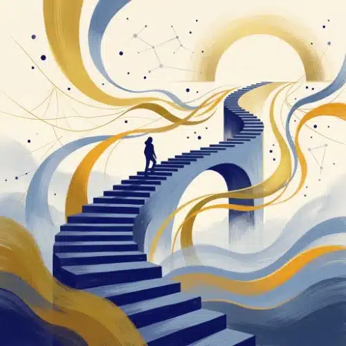 Illustratie word hypnotherapeut: een opgaand trappad en brug die naar een gouden lichtcirkel klimmen, symbool voor het opleidingstraject, in de gouache-huisstijl van HypnoseMentor in crème, goud en indigoblauw. 