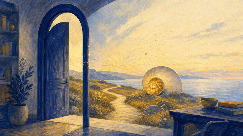 Visual of an open door with the nautilus as a representation of the introduction course hypnosis