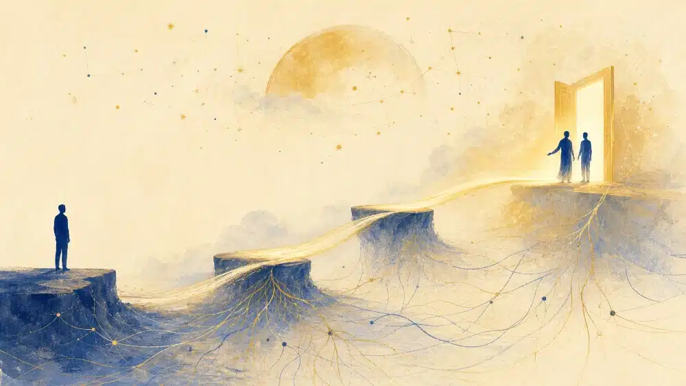 Dromerige matte gouache-illustratie in blauw-goud huisstijl: links een figuur-silhouet op een stevig fundament met wortels naar de grond, een gouden pad dat over twee tussenplateaus omhoog klimt naar een warme, lichtende doorgang rechts, waar twee silhouetten samen staan en de een de ander begeleidt. Beeldt het korte OMNI-traject uit — van basis en verdieping naar zelfstandig OMNI-hypnotherapeut die cliënten begeleidt.