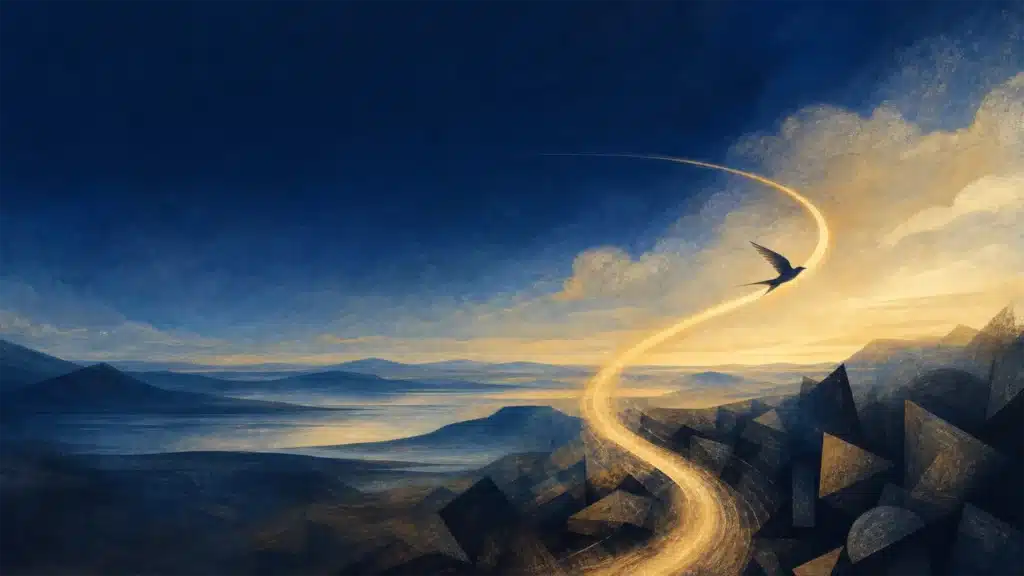 Sfeervolle illustratie van een vloeiend gouden pad dat vanuit een donkere chaos soepel naar een kalme, diepblauwe horizon leidt, symbool voor de snelle en rustgevende werking van holistische hypnosetherapie op het zenuwstelsel.